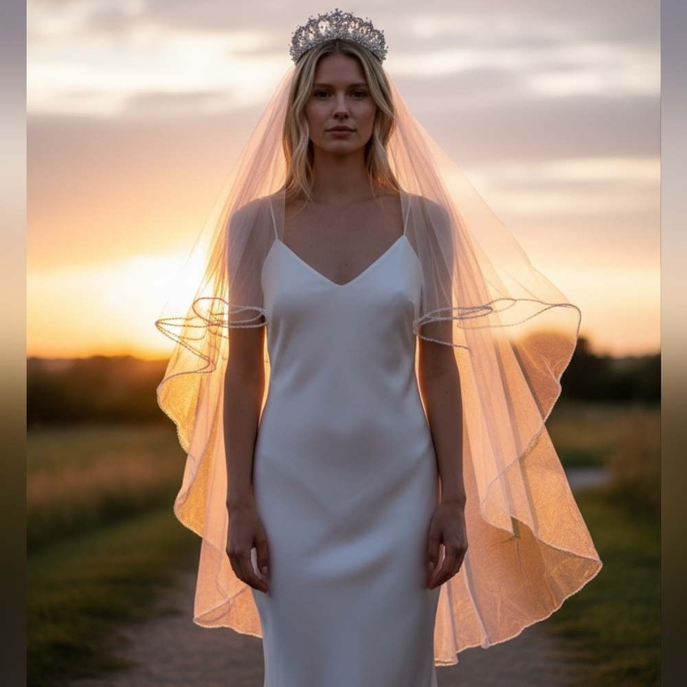 Classic White Beaded Bridal Veil with Tiera 4353